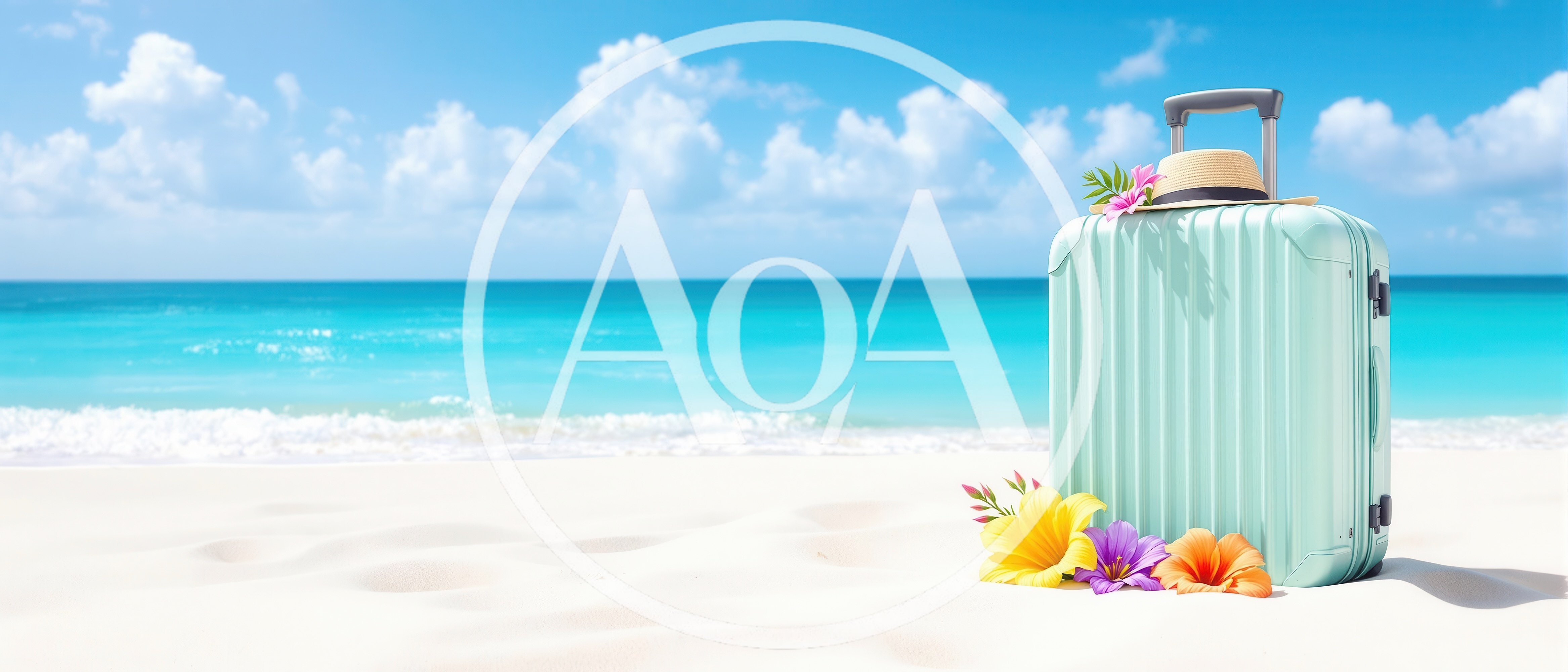 Mint Green Suitcase With Tropical Flowers On Sandy Beach
