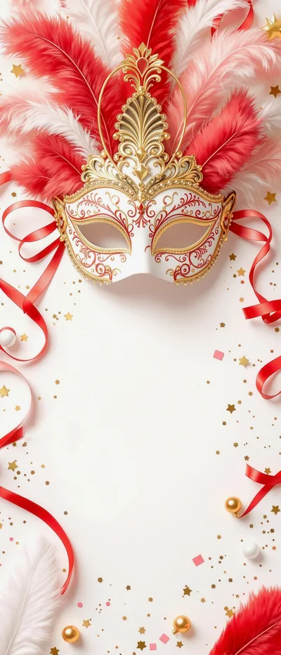 Venetian Masquerade Mask With Red Feathers And Ribbons