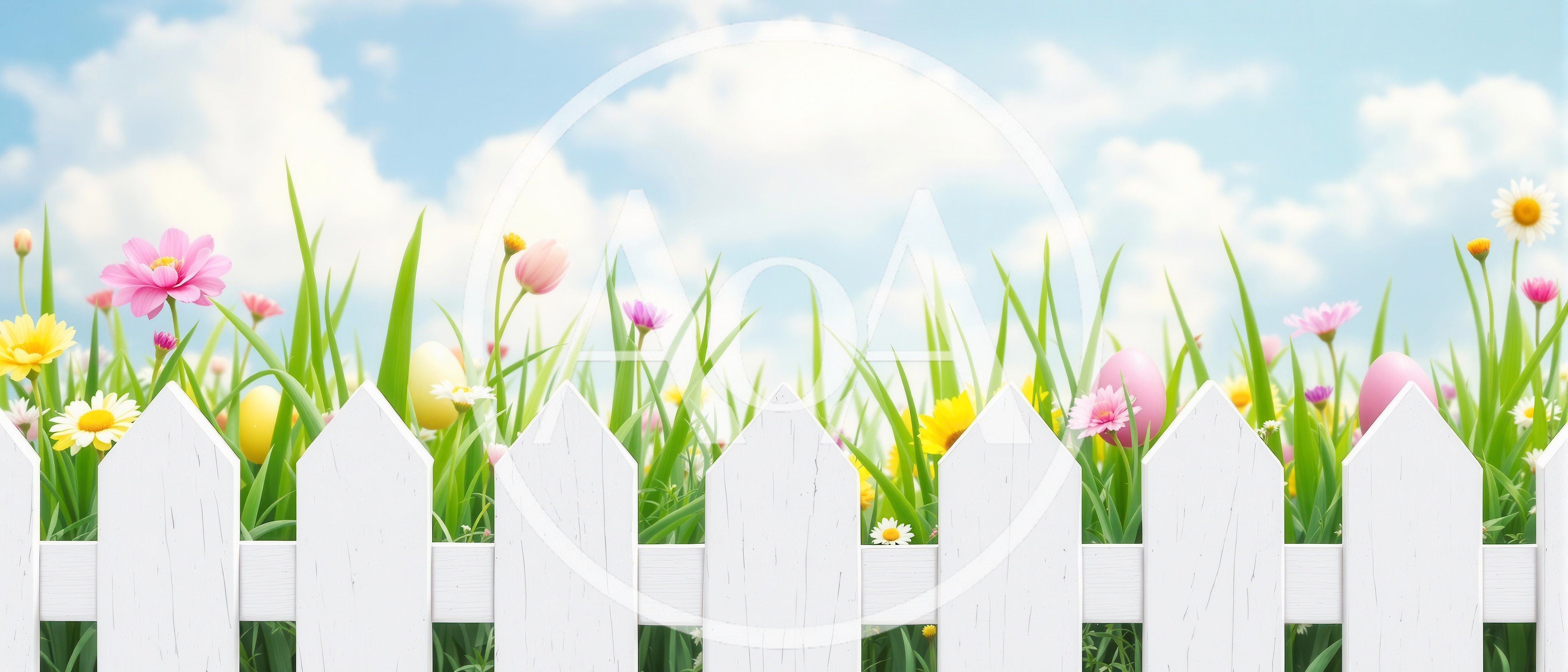 Easter Eggs Hidden in Spring Garden with White Fence