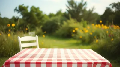 Picnic Table With Red Gingham Cloth In Garden
