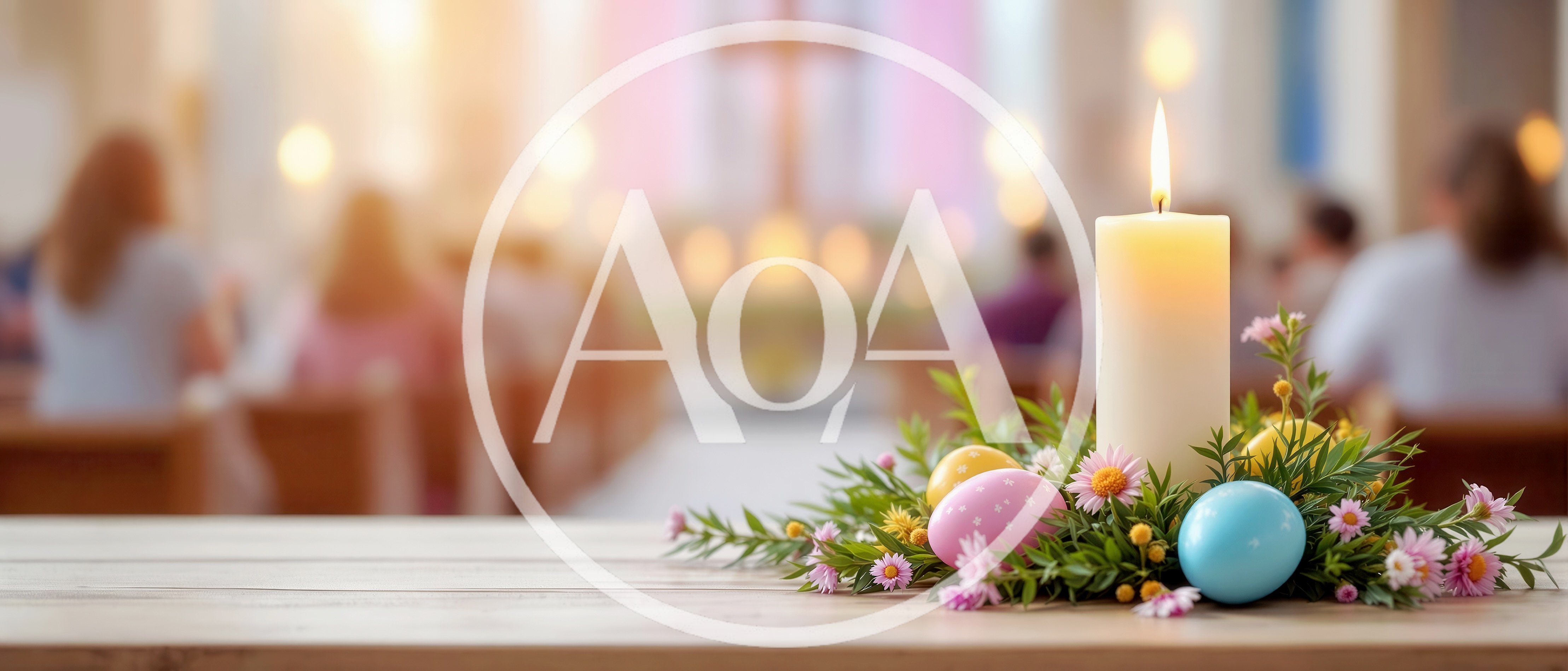 Easter Candle With Decorated Eggs In A Church