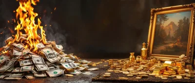 Burning Pile Of Cash And Gold Treasures
