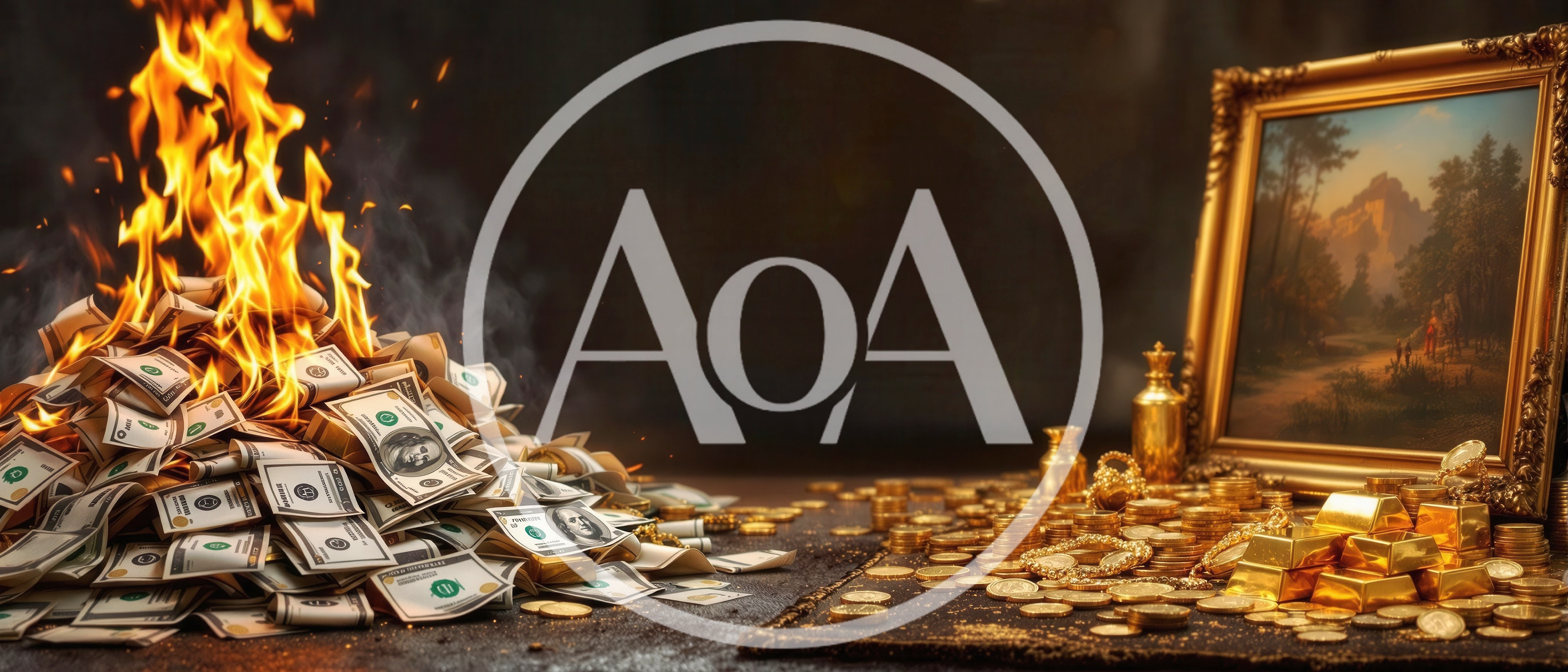 Burning Pile Of Cash And Gold Treasures