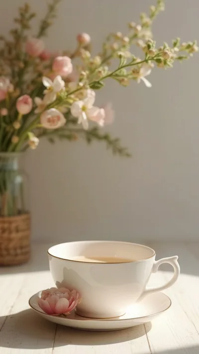 Elegant Teacup With Pink Flower On Wooden Table
