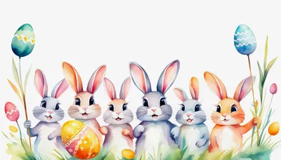 Group of Cute Easter Bunnies with Colorful Eggs