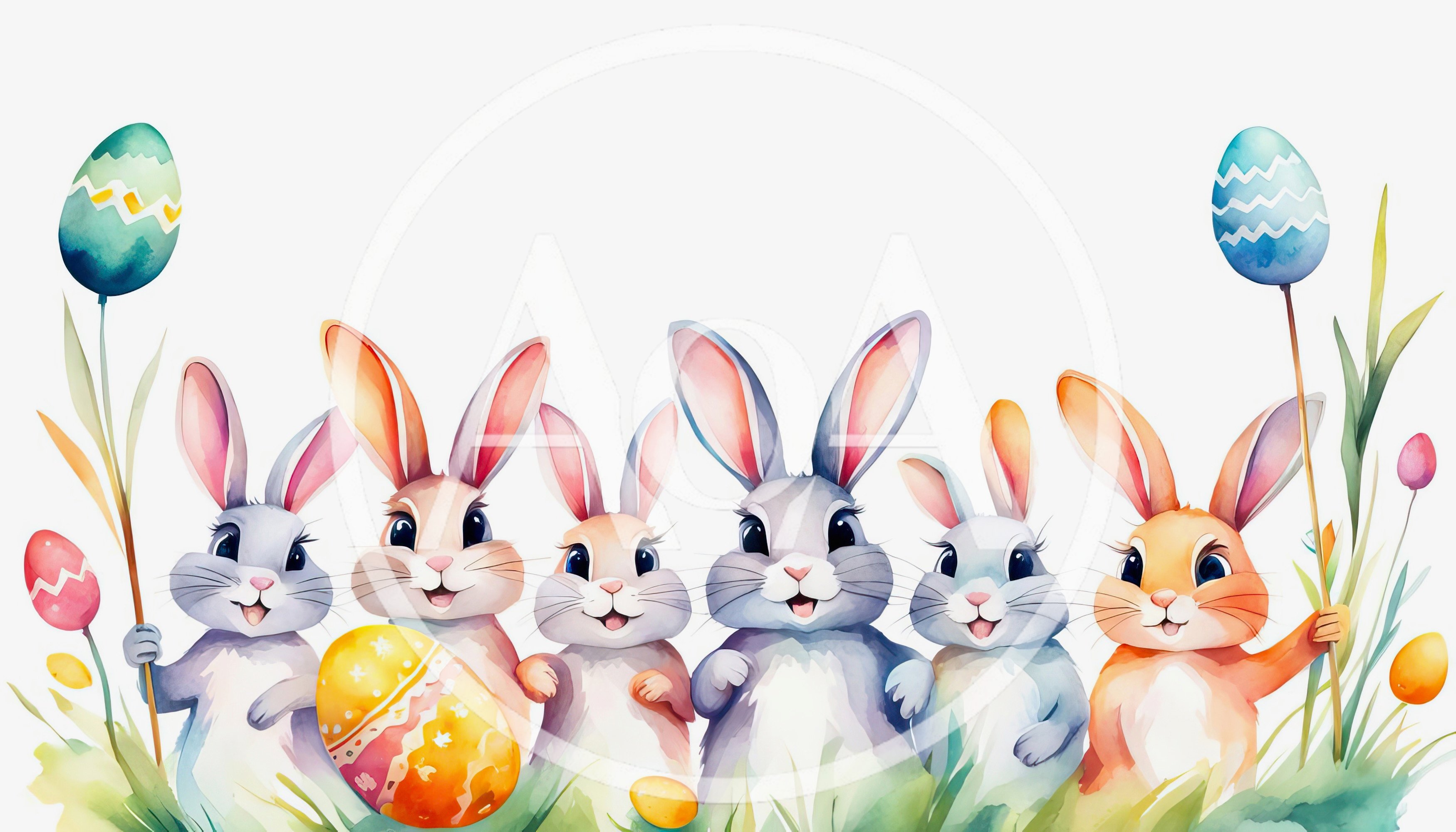 Group of Cute Easter Bunnies with Colorful Eggs