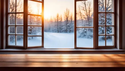 Wooden Table Surface Overlooking A Snowy Winter Landscape