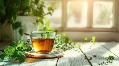 Glass Cup Of Fresh Mint Tea On Wooden Table
