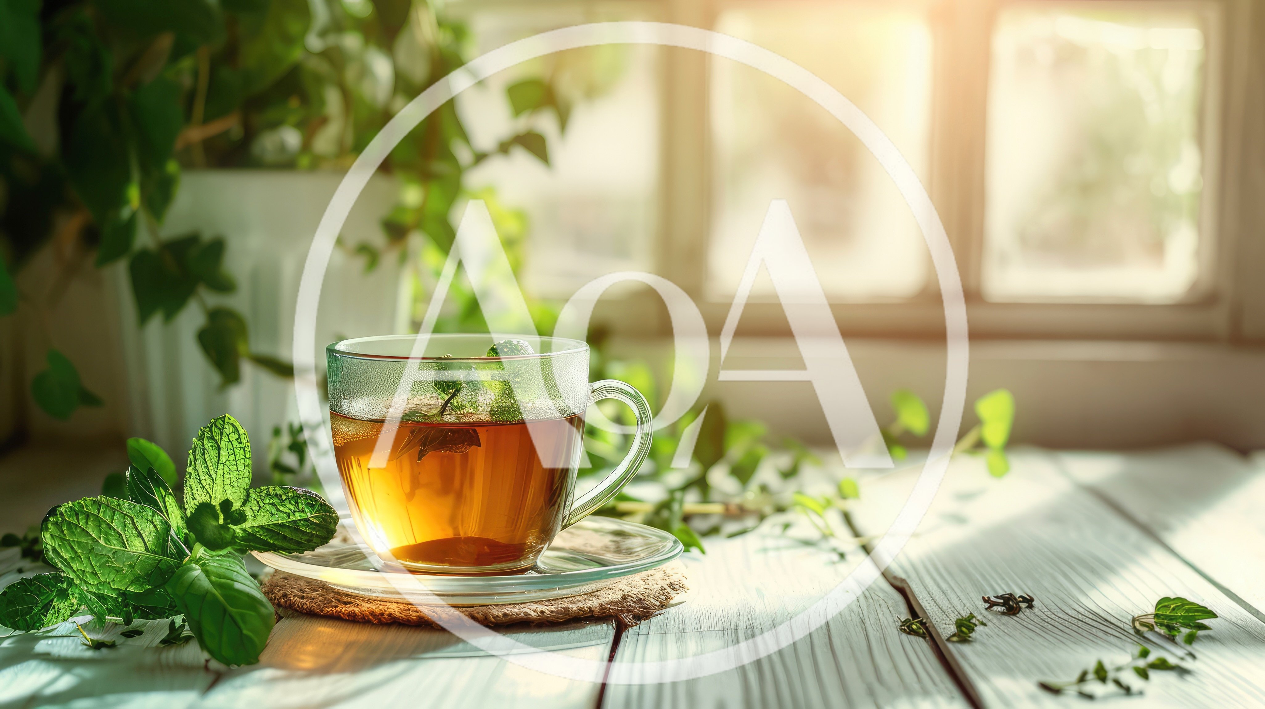 Glass Cup Of Fresh Mint Tea On Wooden Table