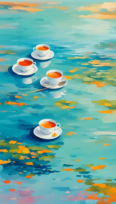 Four Tea Cups Floating on Abstract Water Surface
