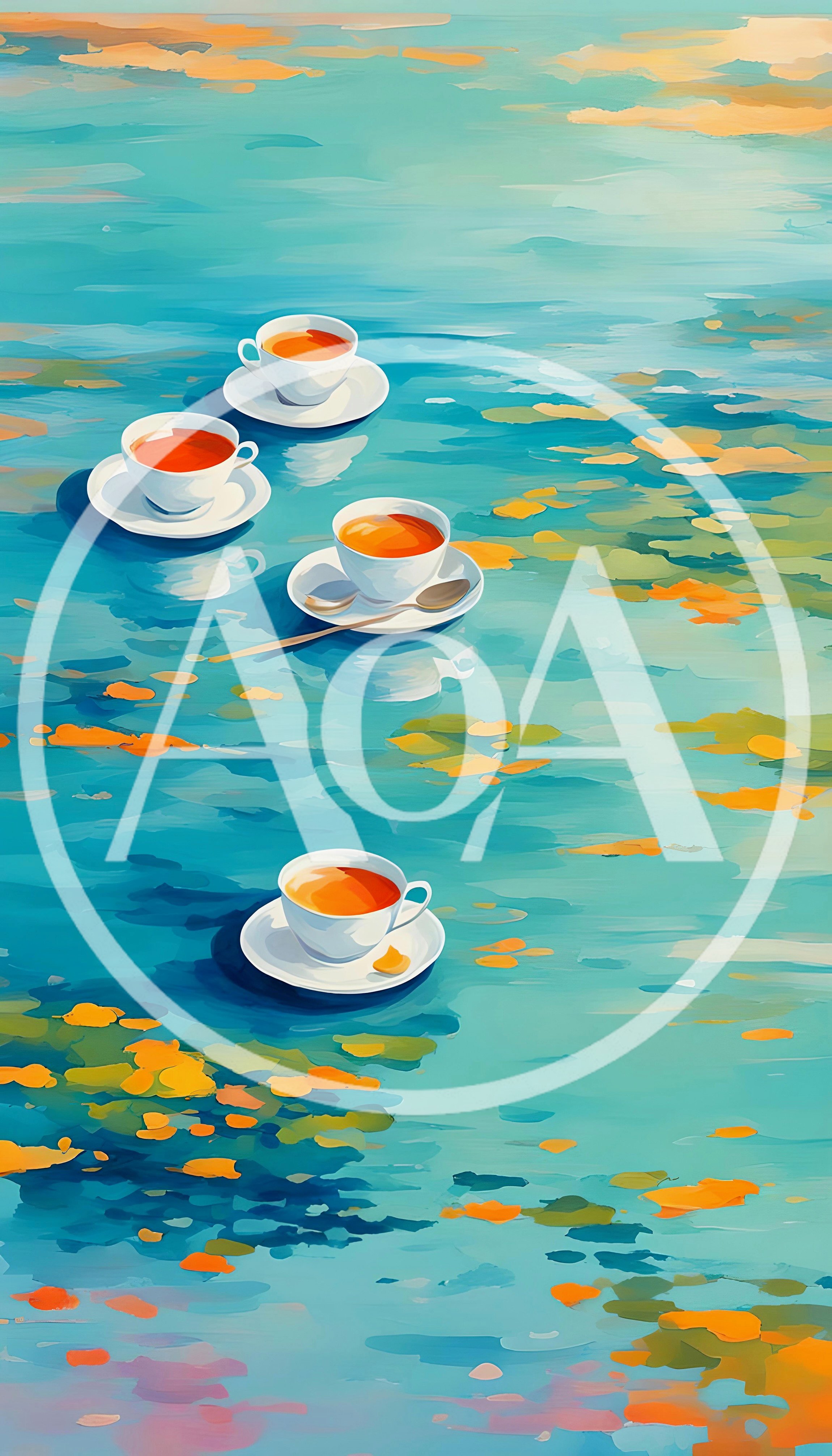 Four Tea Cups Floating on Abstract Water Surface