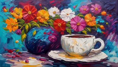 Impressionist Oil Painting Of Flowers And Tea Cup