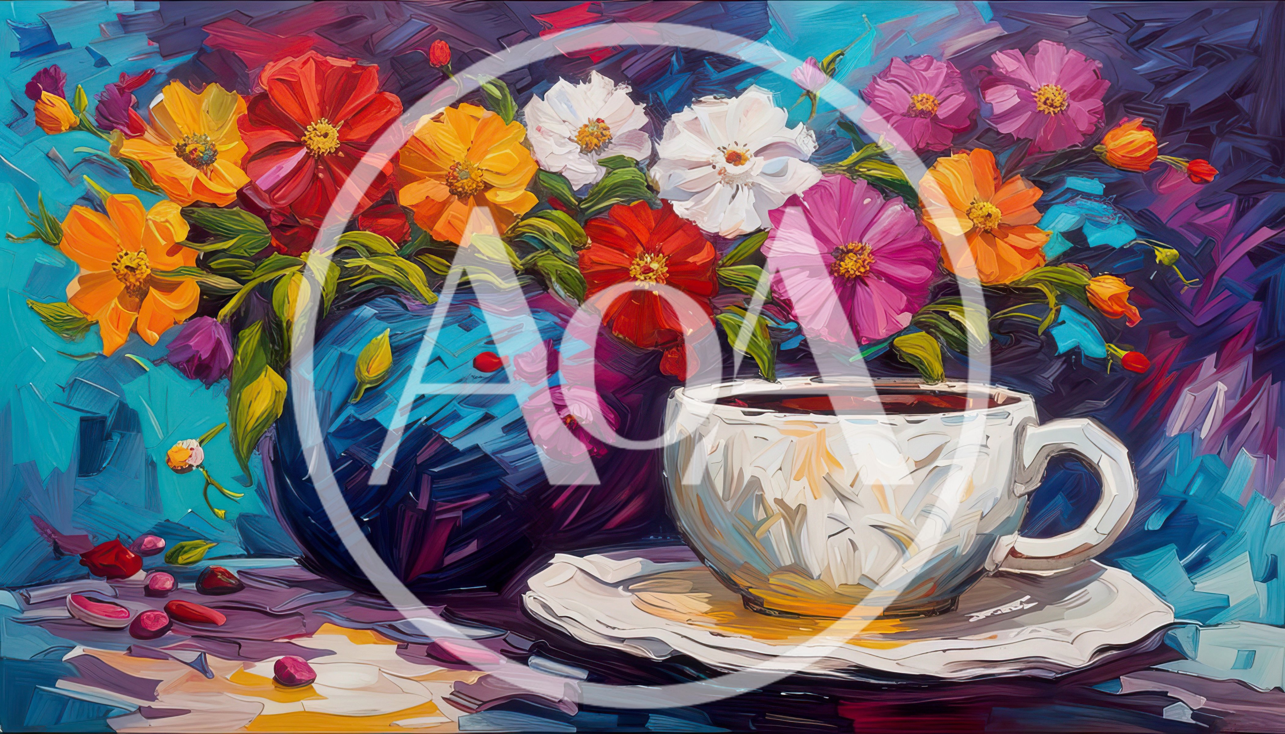Impressionist Oil Painting Of Flowers And Tea Cup