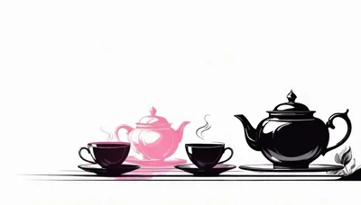 Black Teapots and Cups on White Background