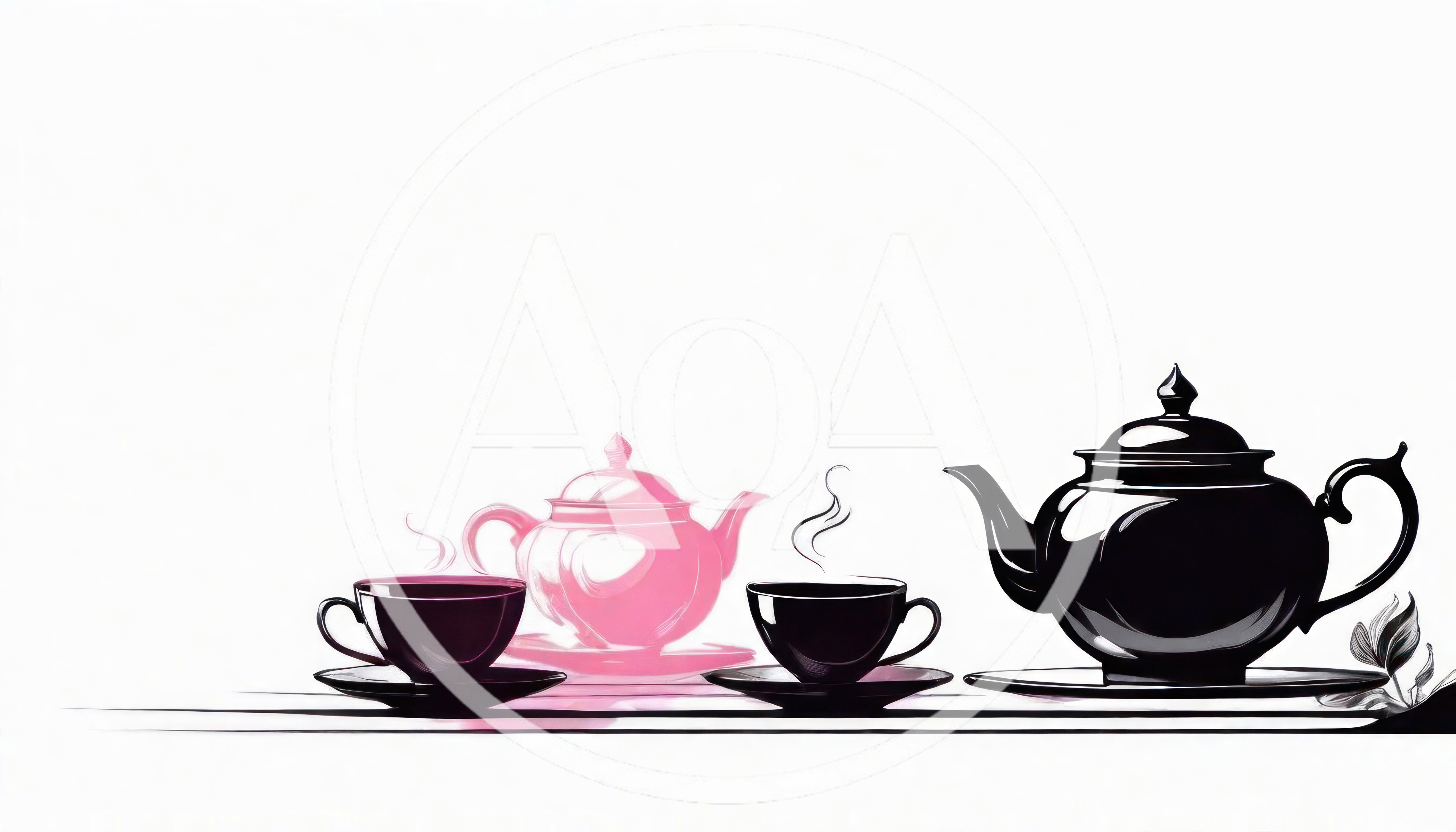 Black Teapots and Cups on White Background