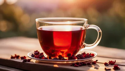 Glass Cup Of Hibiscus Tea On Wooden Table
