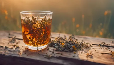 Glass Of Herbal Tea On A Wooden Table