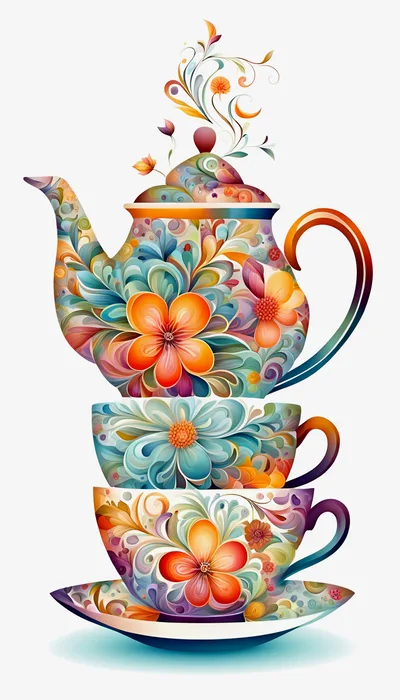 Stacked Floral Teapot And Teacups Illustration