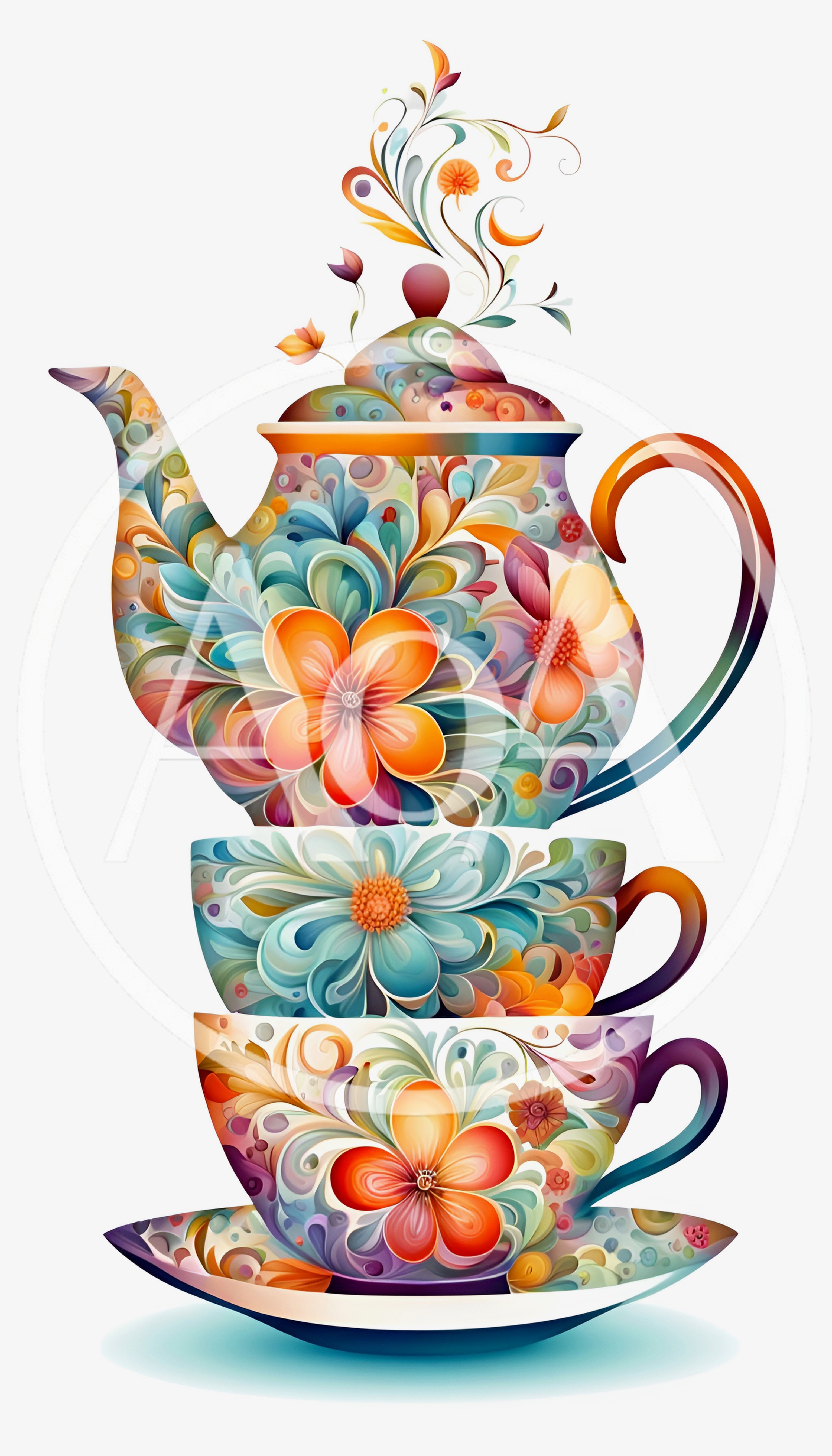 Stacked Floral Teapot And Teacups Illustration