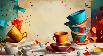 Whimsical Stacked Teacups and Saucers on Table