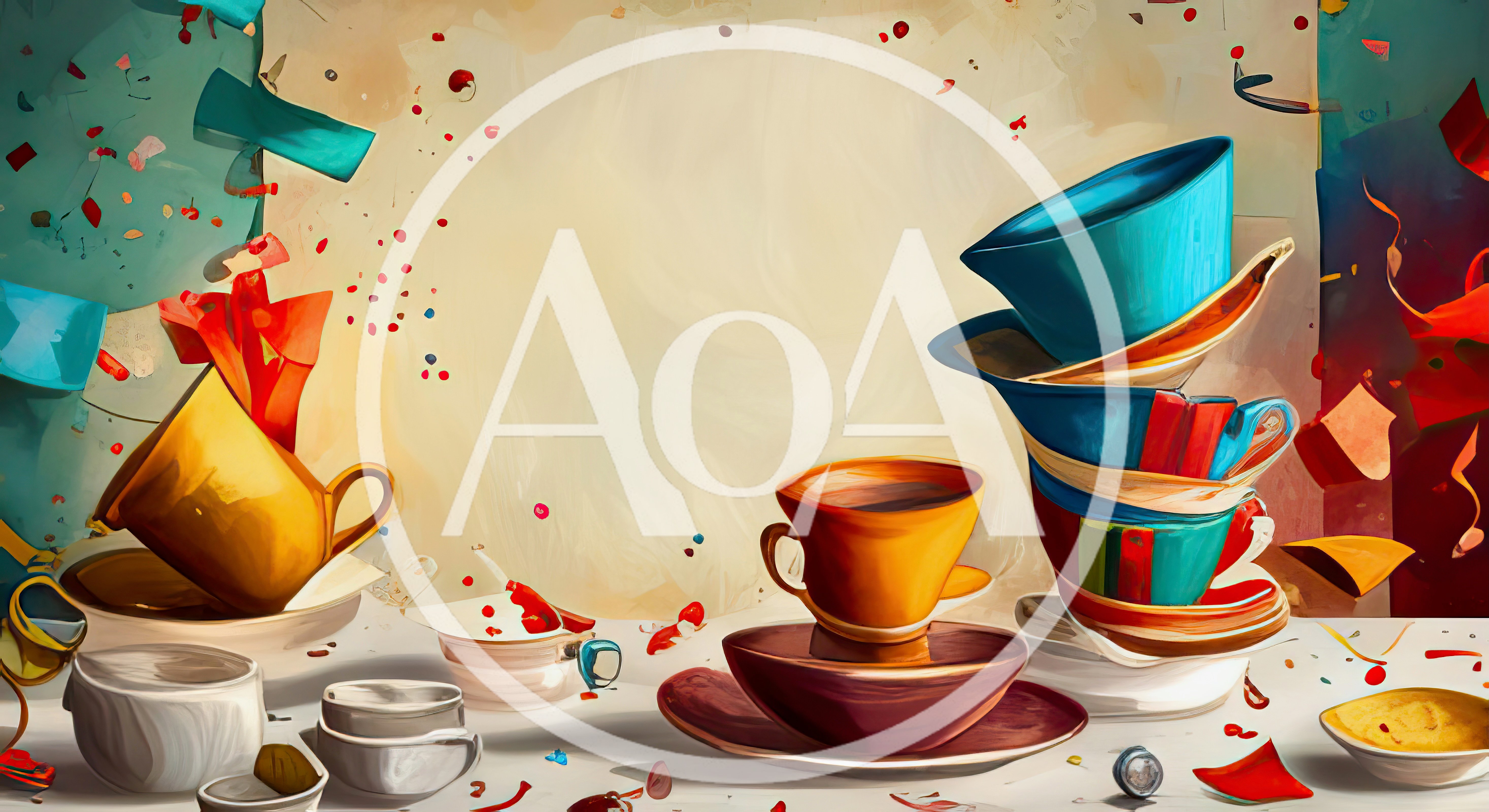 Whimsical Stacked Teacups and Saucers on Table