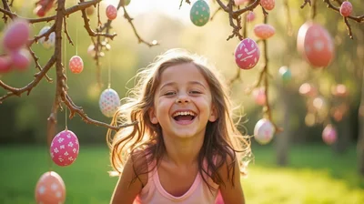 Happy Young Girl Laughing Under Easter Egg Tree