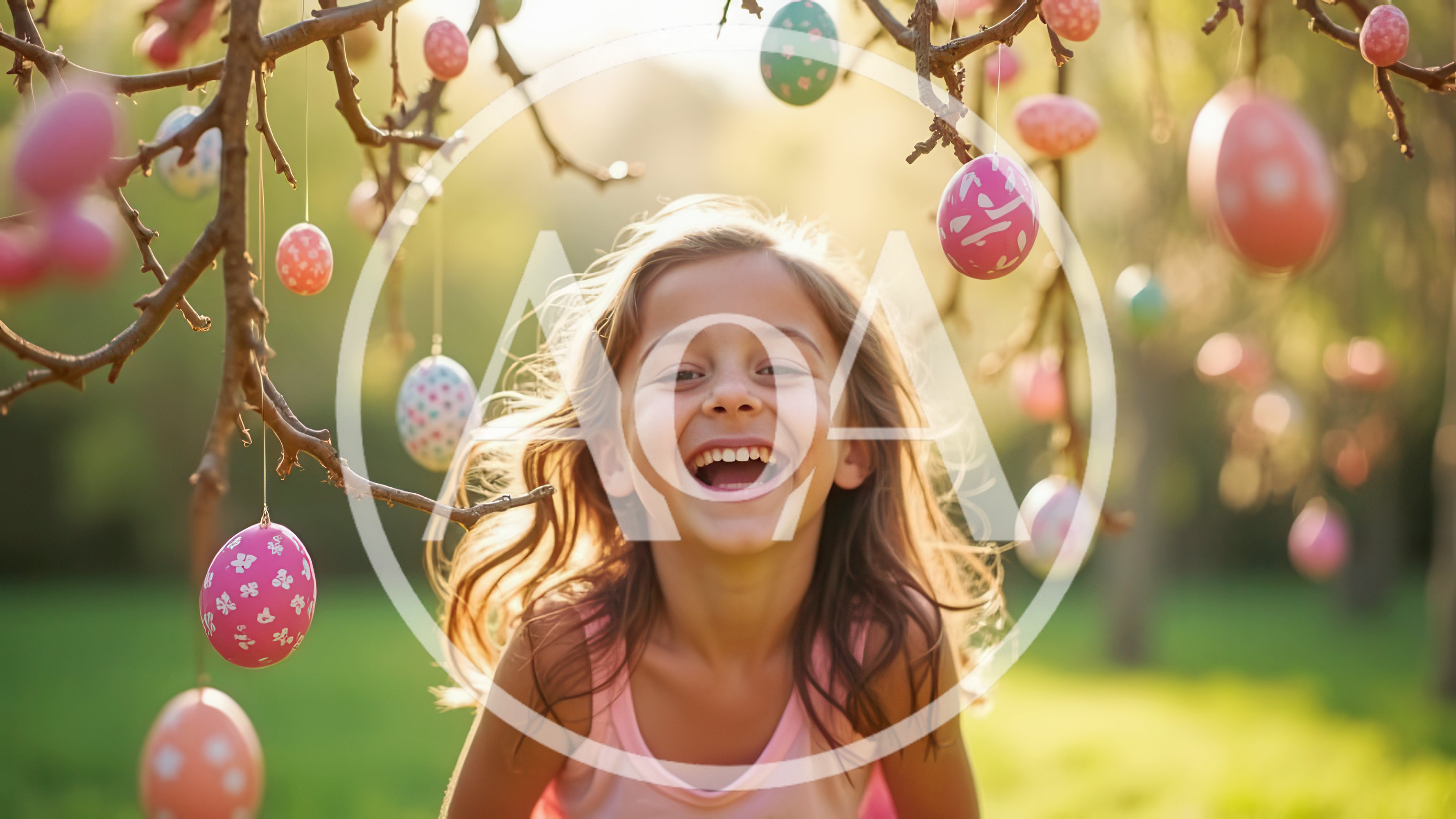 Happy Young Girl Laughing Under Easter Egg Tree
