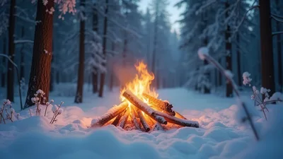 Campfire Burning In A Snowy Winter Forest