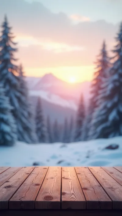 Wooden Table Overlooking A Snowy Mountain Forest At Sunset