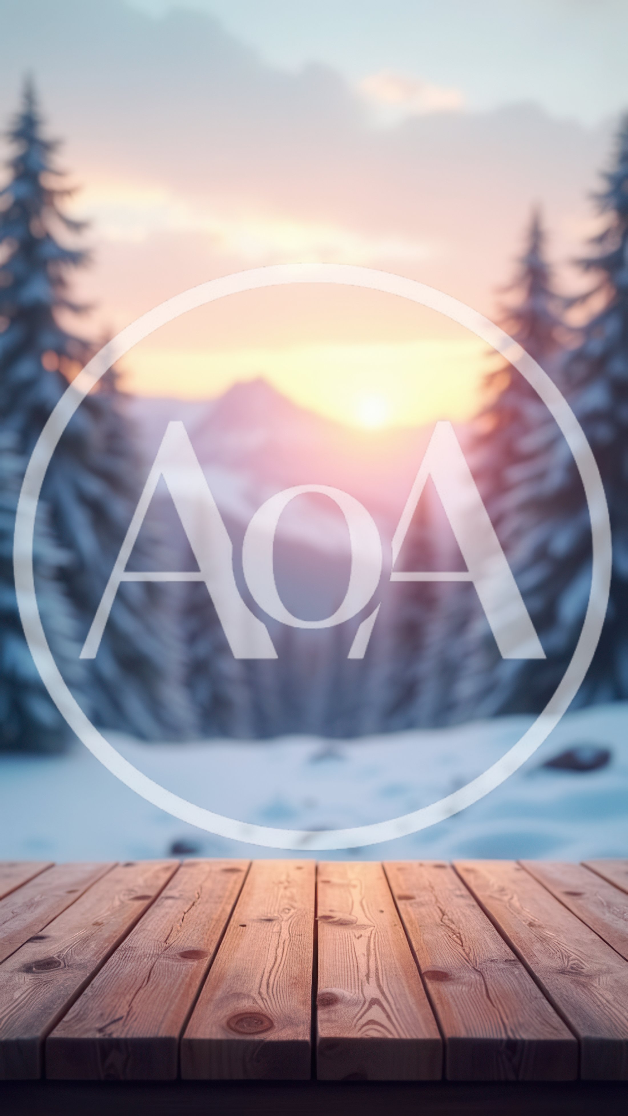 Wooden Table Overlooking A Snowy Mountain Forest At Sunset