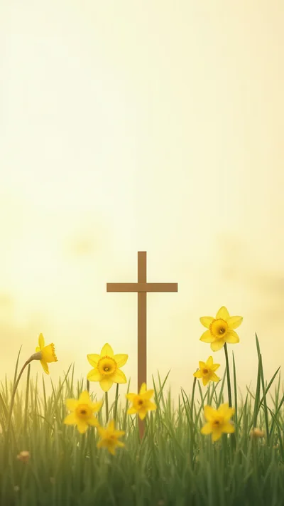 Wooden Christian Cross Standing Among Yellow Daffodils