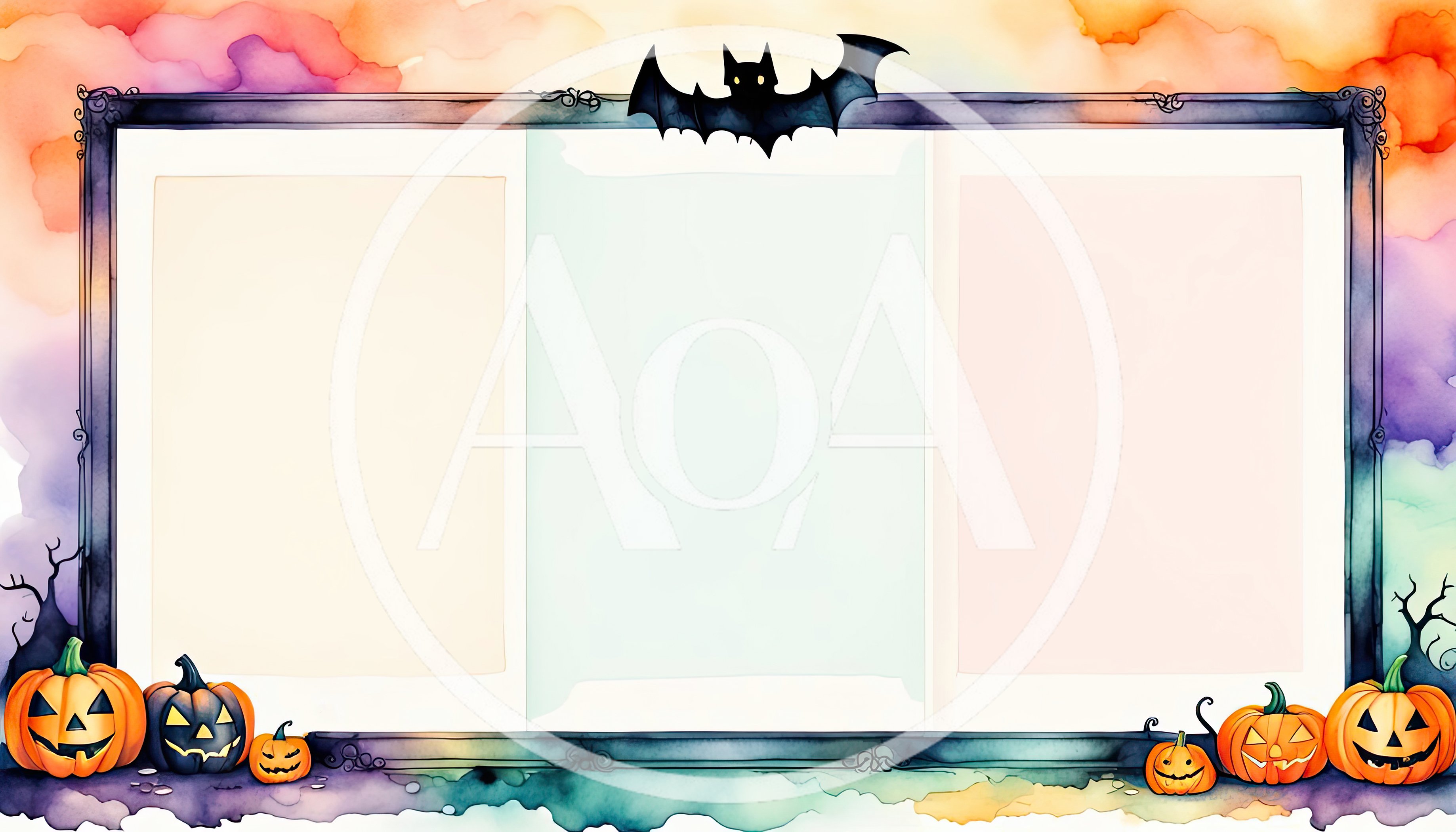 Halloween Themed Triple Photo Frame With Pumpkins And Bat