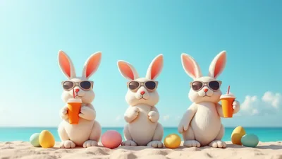 Three Cute Easter Bunnies Relaxing On A Sunny Beach