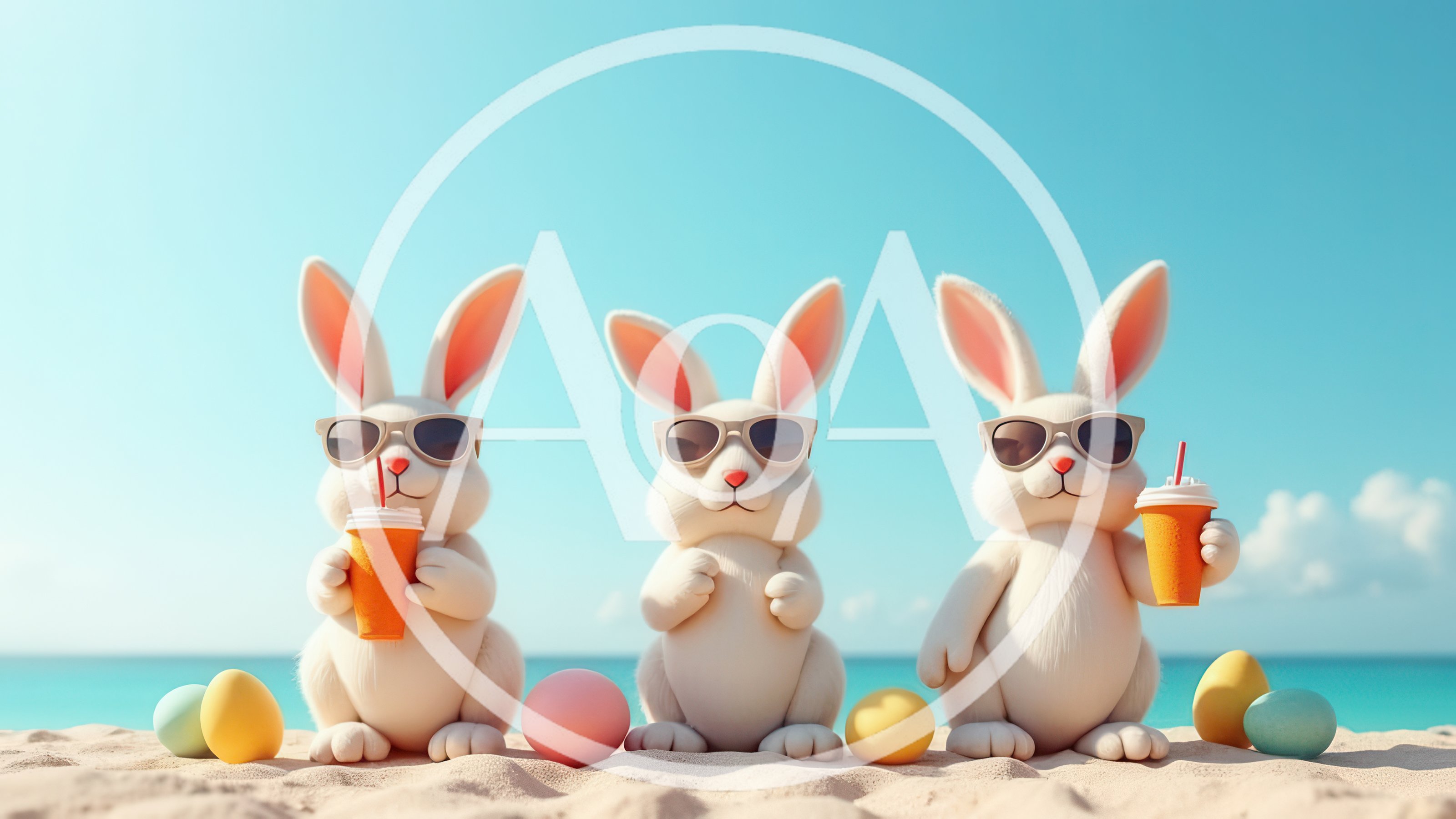 Three Cute Easter Bunnies Relaxing On A Sunny Beach