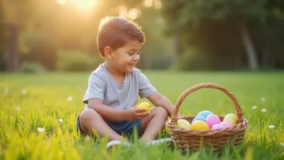 Young Boy Collecting Colorful Easter Eggs in Grass