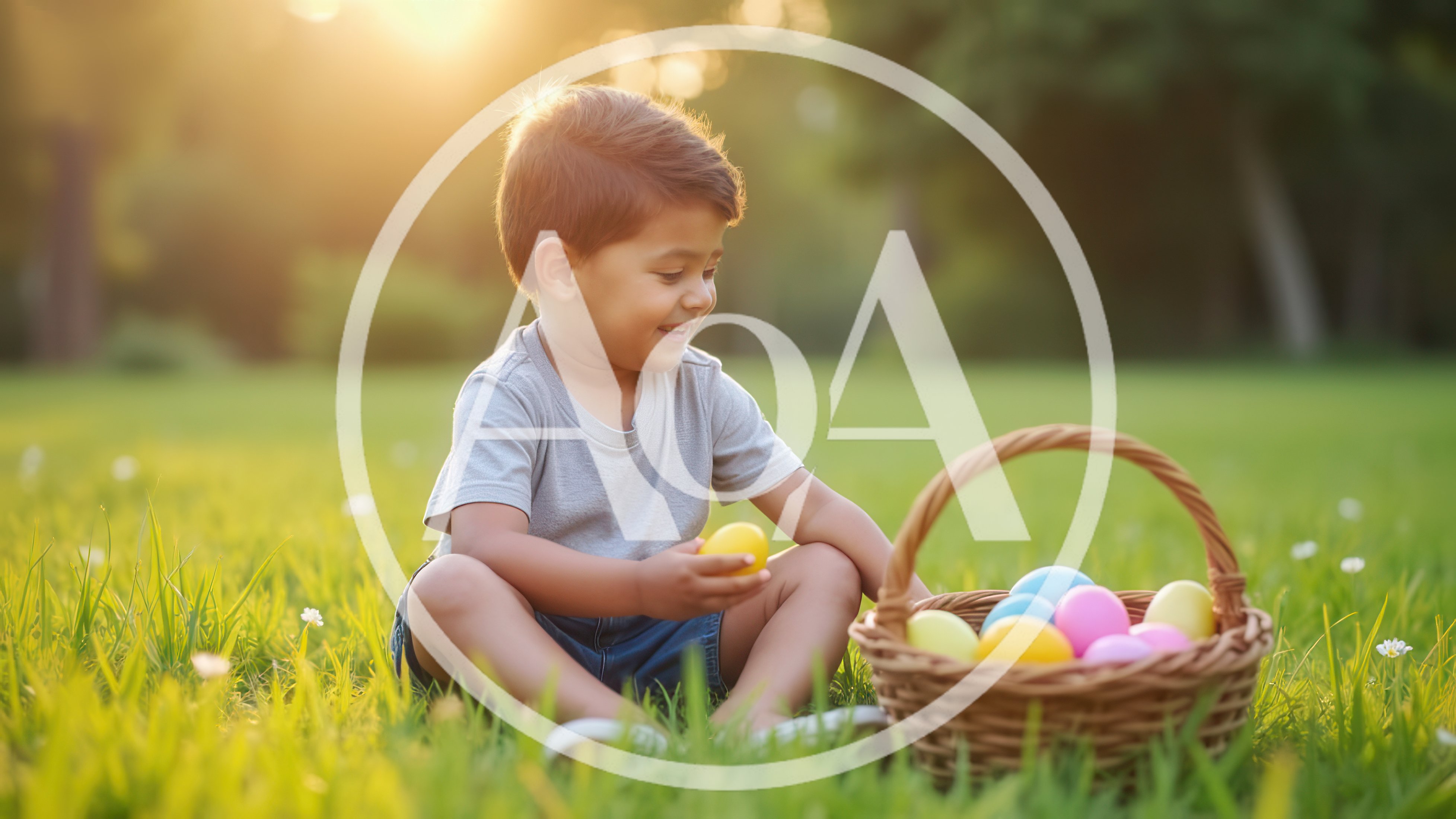 Young Boy Collecting Colorful Easter Eggs in Grass