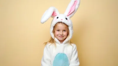 Young Girl Wearing A Fluffy Easter Bunny Costume