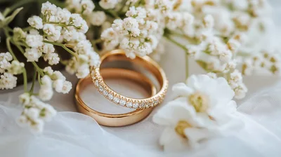 Two Gold Wedding Rings With White Flowers