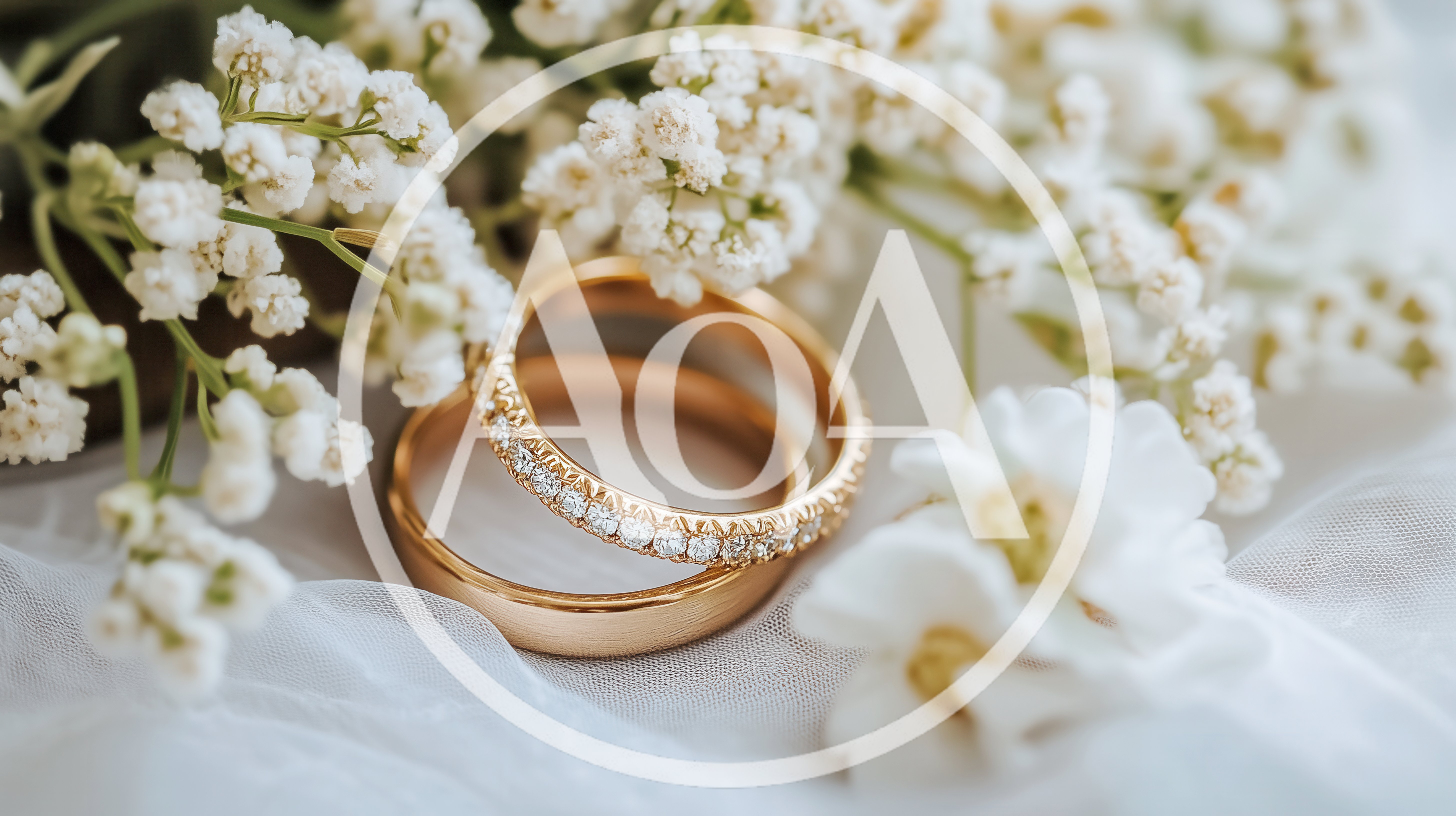 Two Gold Wedding Rings With White Flowers