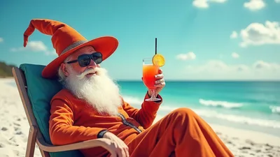 Wizard Relaxing With A Tropical Cocktail On The Beach