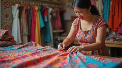 Fashion Designer Working On Intricate Fabric In Studio