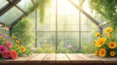 Floral Arrangements on Wooden Table in Greenhouse