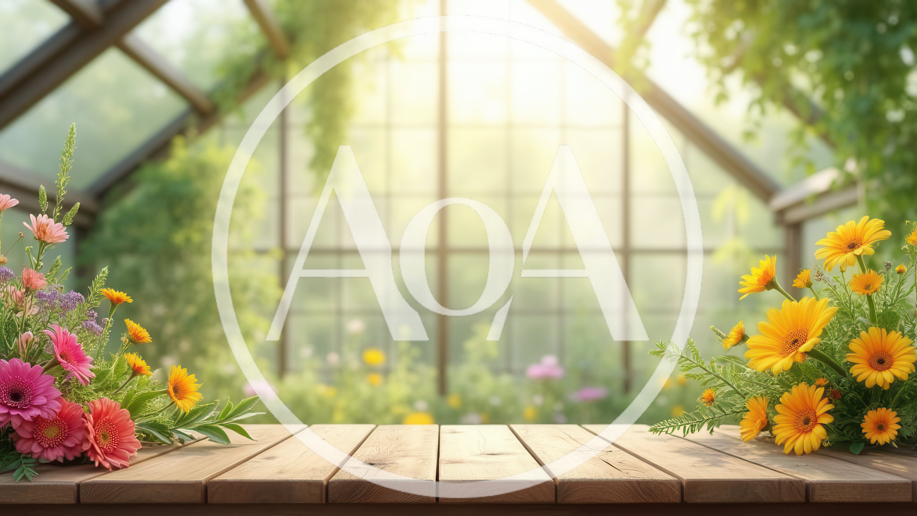 Floral Arrangements on Wooden Table in Greenhouse