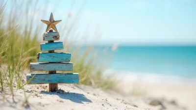 Driftwood Christmas Tree Decoration on Sandy Beach