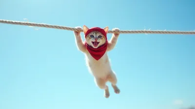 Cute Kitten Wearing Red Bandana Hanging From Rope