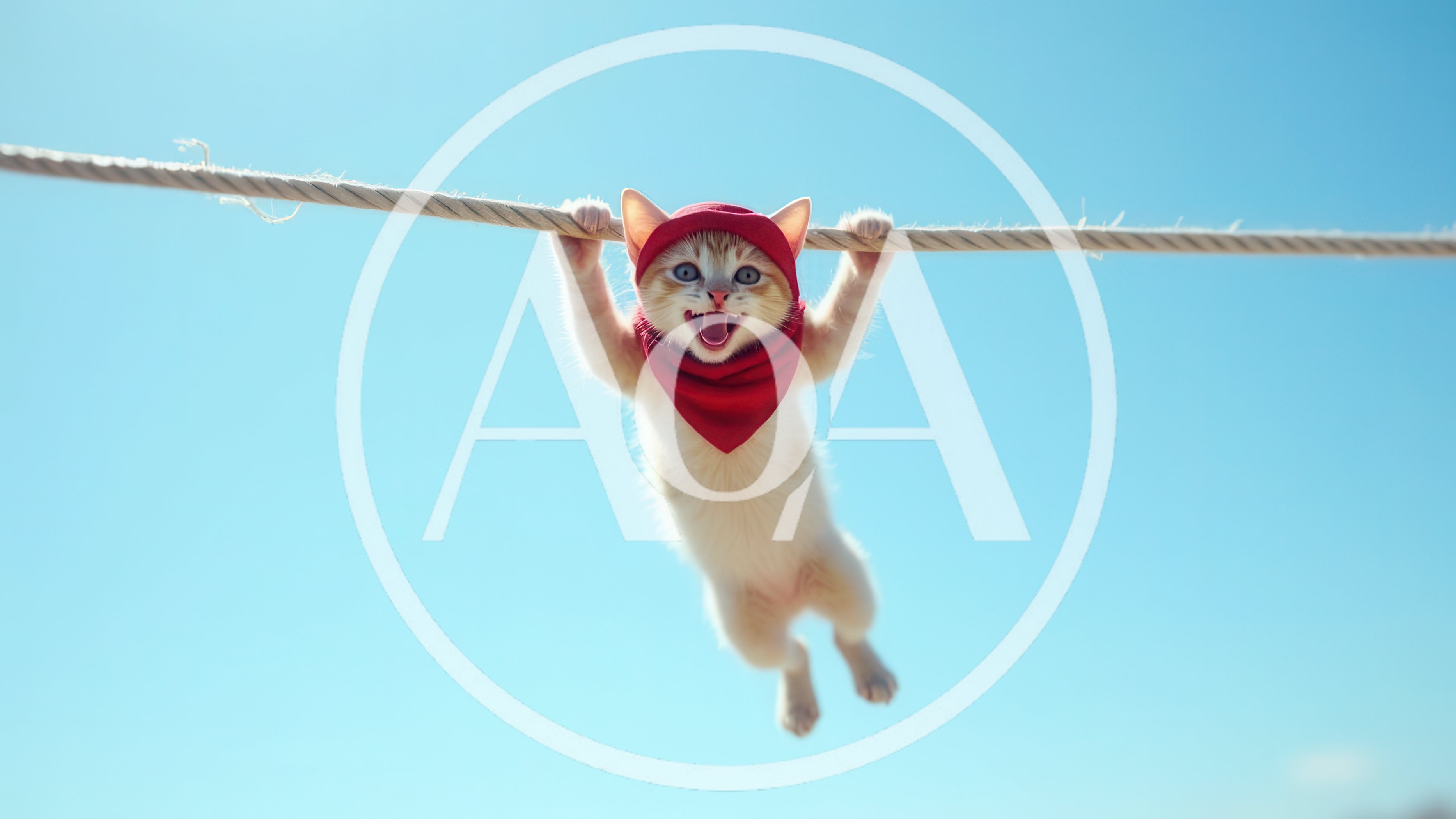 Cute Kitten Wearing Red Bandana Hanging From Rope