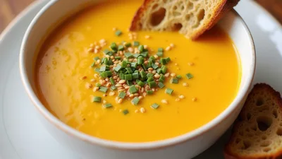 Bowl Of Creamy Butternut Squash Soup With Toasted Bread