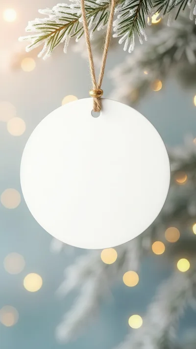 Blank White Round Christmas Ornament Hanging On Tree