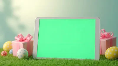 Tablet With Green Screen Surrounded By Easter Decorations