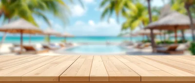 Empty Wooden Table Overlooking Tropical Beach Resort